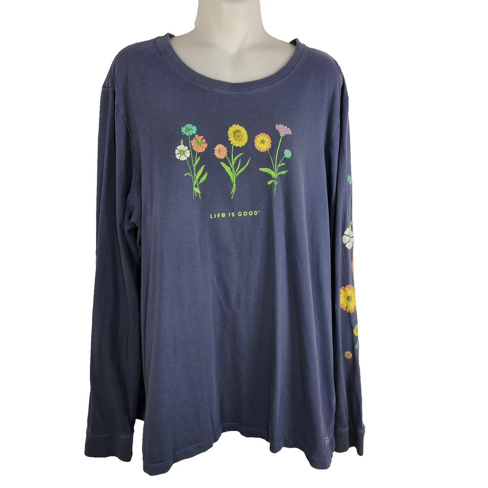 Life Is Good Womens XXL Crusher Tee Botanical Flowers Long Sleeve 100% Cotton